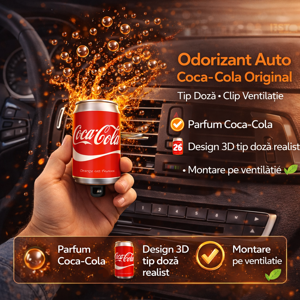 Odorizant Auto 3D Coca Cola Original, Tip Doza, Clip Ventilatie, Parfum Intens și Persistent, Design Realist, Vegan Friendly Odorizant Auto 3D Coca Cola Original, Tip Doza, Clip Ventilatie, Parfum Intens și Persistent, Design Realist, Vegan Friendly